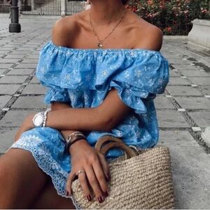 NWT Zara Blue And White Eyelet Lace Dress With Romper